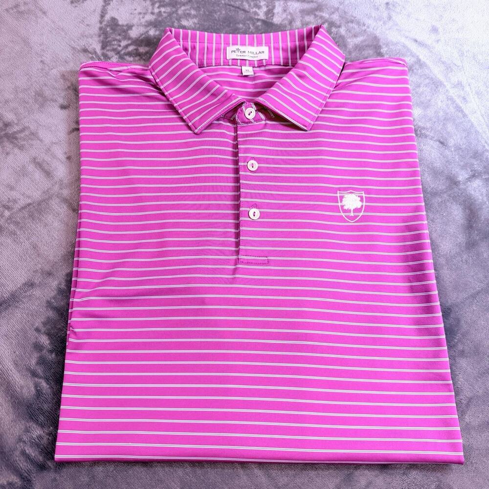 Peter Millar Summer Comfort Polo Shirt Men XL Pink Striped Golf Performance
